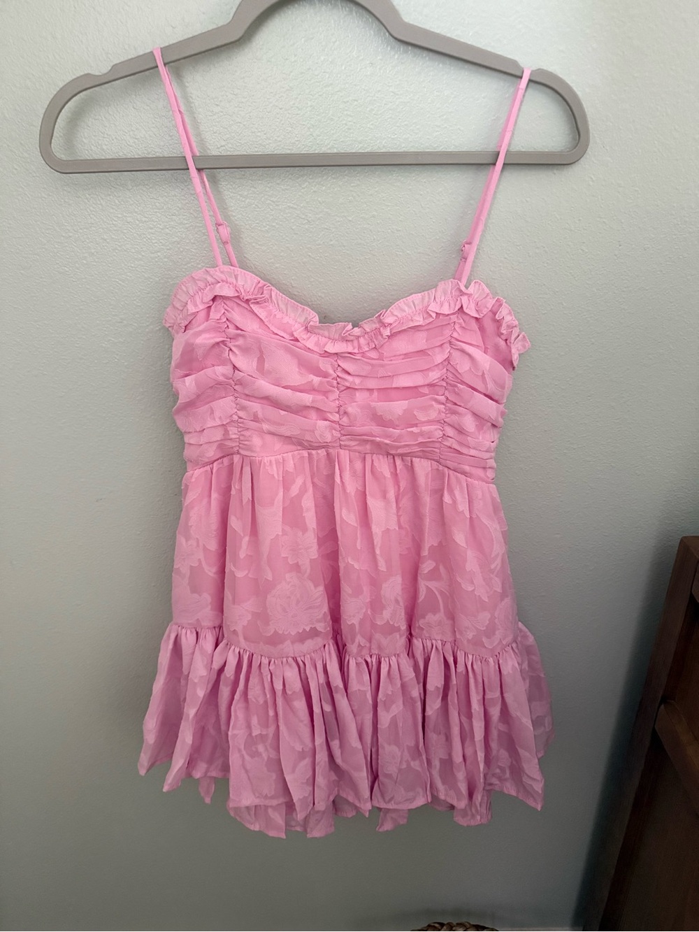 Altar'd State Pink Ruffled Floral Jacquard Mini Dress
